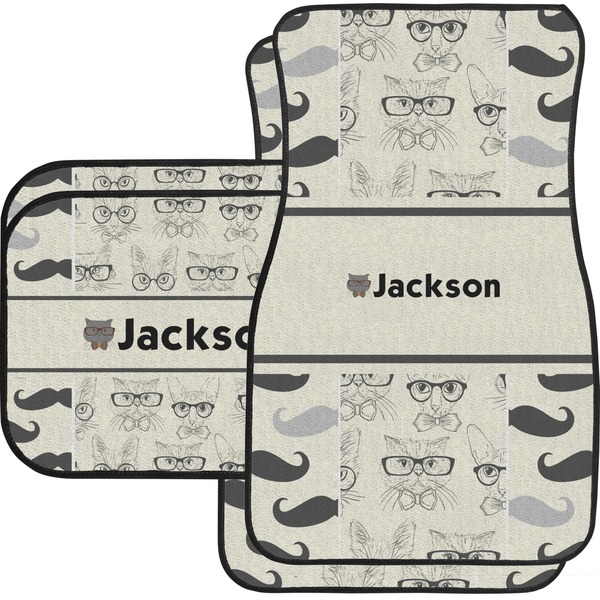 Custom Hipster Cats & Mustache Car Floor Mats Set - 2 Front & 2 Back (Personalized)