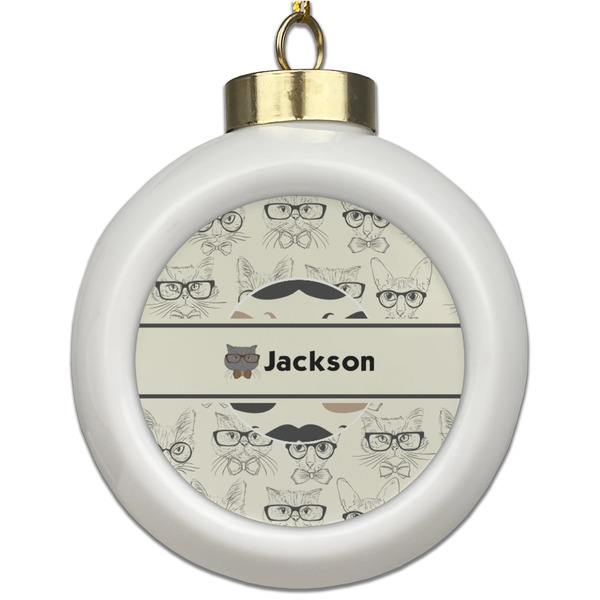 Custom Hipster Cats & Mustache Ceramic Ball Ornament (Personalized)