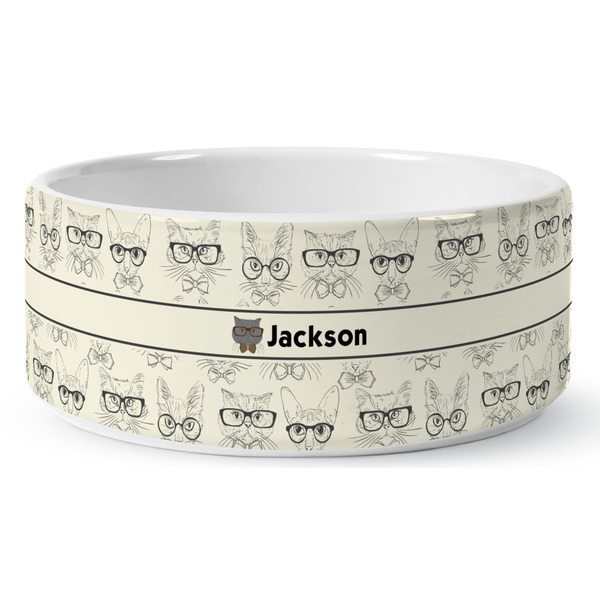 Hipster Cats & Mustache Ceramic Dog Bowl - Medium - Front