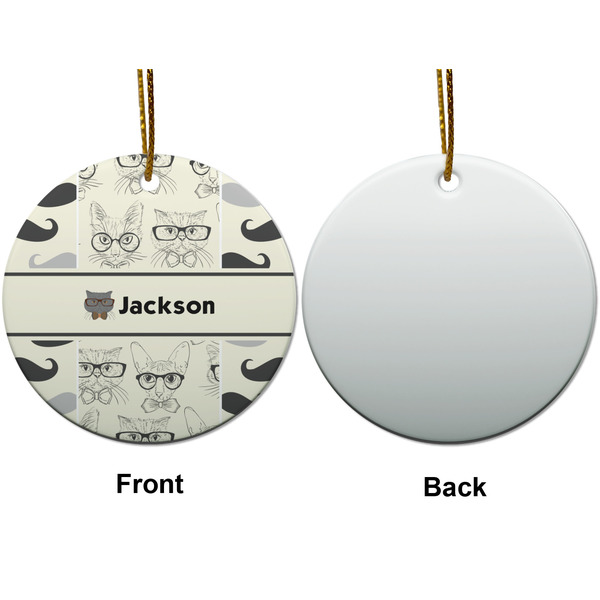 Hipster Cats & Mustache Ceramic Flat Ornament - Circle Front & Back (APPROVAL)