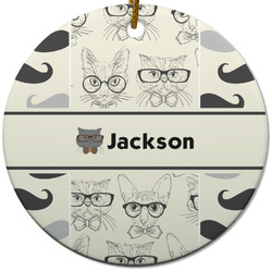 Hipster Cats & Mustache Round Ceramic Ornament w/ Name or Text
