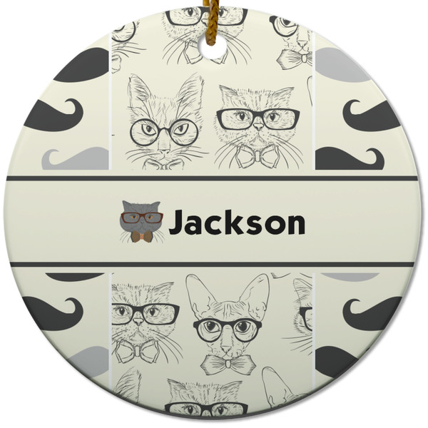 Custom Hipster Cats & Mustache Round Ceramic Ornament w/ Name or Text