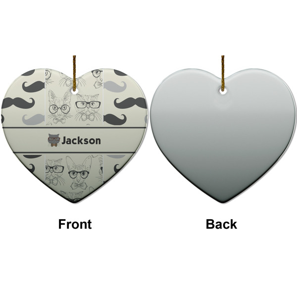 Hipster Cats & Mustache Ceramic Flat Ornament - Heart Front & Back (APPROVAL)