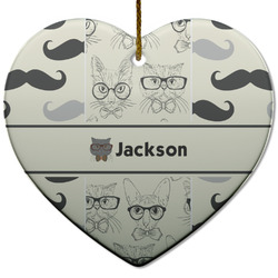 Hipster Cats & Mustache Heart Ceramic Ornament w/ Name or Text