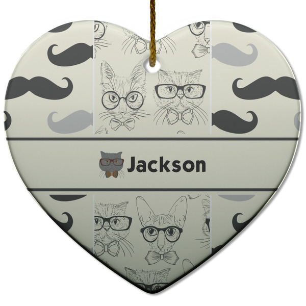 Custom Hipster Cats & Mustache Heart Ceramic Ornament w/ Name or Text