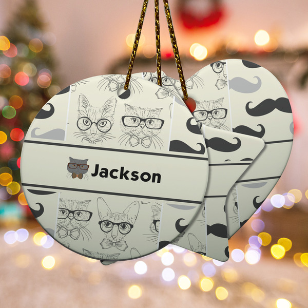 Custom Hipster Cats & Mustache Ceramic Ornament w/ Name or Text