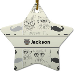 Hipster Cats & Mustache Star Ceramic Ornament w/ Name or Text