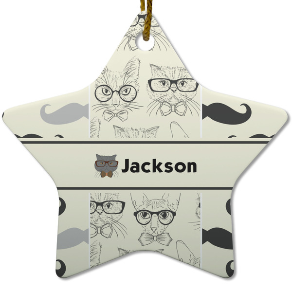 Custom Hipster Cats & Mustache Star Ceramic Ornament w/ Name or Text