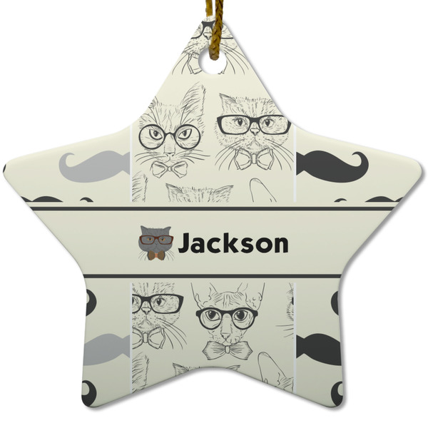 Hipster Cats & Mustache Ceramic Flat Ornament - Star (Front)