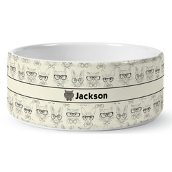 Hipster Cats & Mustache Ceramic Dog Bowl (Personalized)