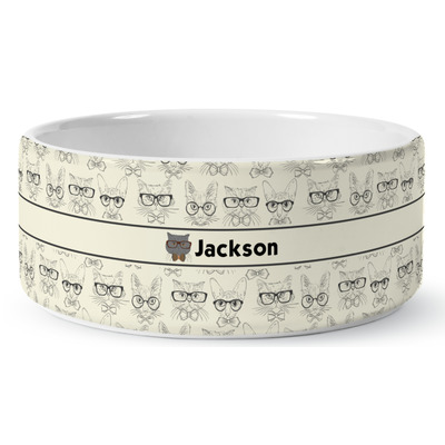 Hipster Cats & Mustache Ceramic Dog Bowl - Large (Personalized)