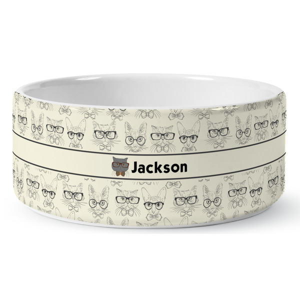 Custom Hipster Cats & Mustache Ceramic Dog Bowl - Medium (Personalized)