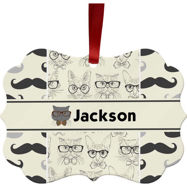 Custom Hipster Cats & Mustache Metal Frame Ornament - Double Sided w/ Name or Text