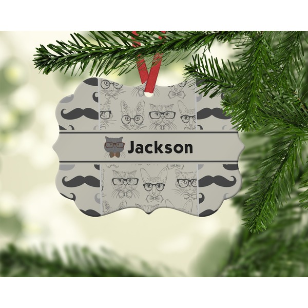 Hipster Cats & Mustache Christmas Ornament (On Tree)