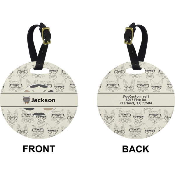 Hipster Cats & Mustache Circle Luggage Tag (Front + Back)