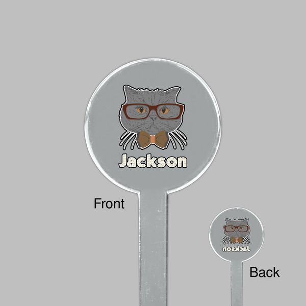 Hipster Cats & Mustache Clear Plastic 7" Stir Stick - Round - Front & Back