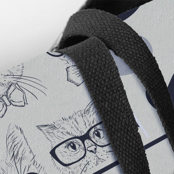 Hipster Cats & Mustache Closeup of Tote w/Black Handles