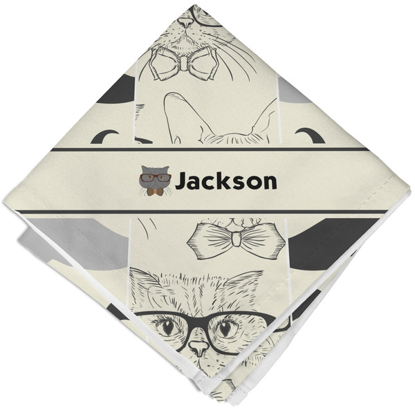 Custom Hipster Cats & Mustache Cloth Cocktail Napkin - Single w/ Name or Text
