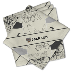 Hipster Cats & Mustache Cloth Cocktail Napkins - Set of 4 w/ Name or Text