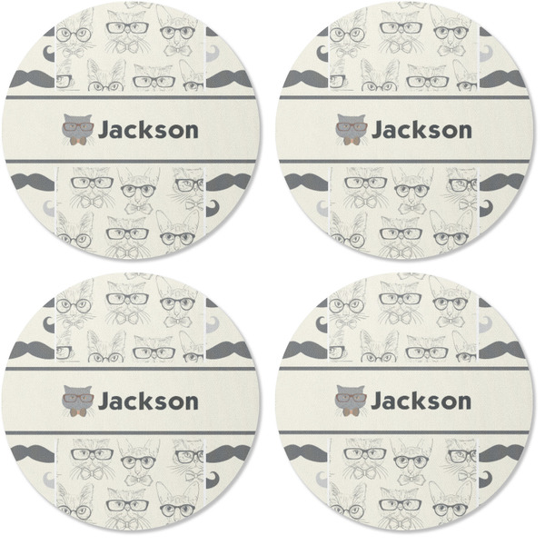 Hipster Cats & Mustache Coaster Round Rubber Back - Apvl