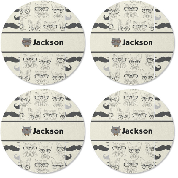 Hipster Cats & Mustache Coaster Round Rubber Back - Apvl