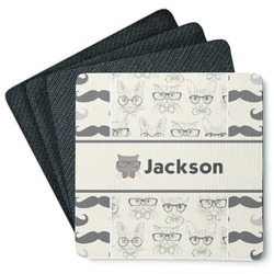 Hipster Cats & Mustache Square Rubber Backed Coasters - Set of 4 (Personalized)
