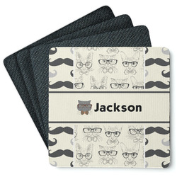 Hipster Cats & Mustache Square Rubber Backed Coasters - Set of 4 (Personalized)