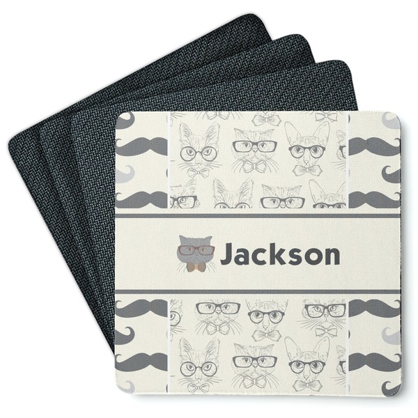 Custom Hipster Cats & Mustache Square Rubber Backed Coasters - Set of 4 (Personalized)