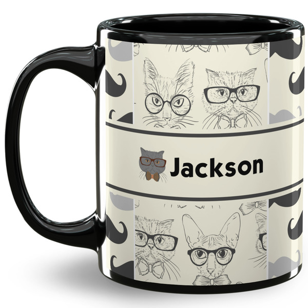 Custom Hipster Cats & Mustache 11 Oz Coffee Mug - Black (Personalized)