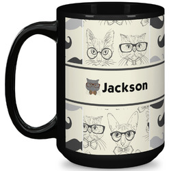Hipster Cats & Mustache 15 Oz Coffee Mug - Black (Personalized)