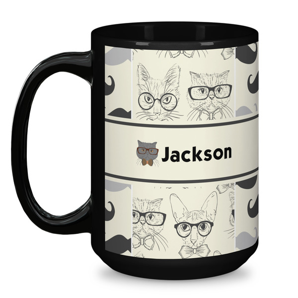 Hipster Cats & Mustache Coffee Mug - 15 oz - Black