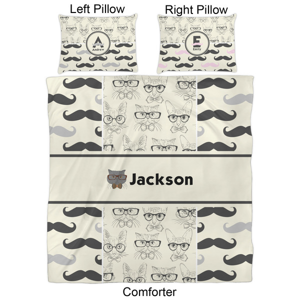 Hipster Cats & Mustache Comforter Set - Queen - Approval