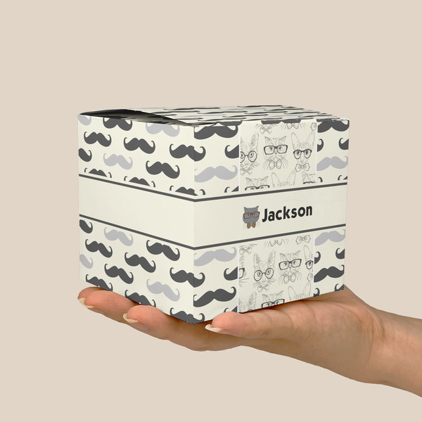 Hipster Cats & Mustache Cube Favor Gift Box - On Hand - Scale View