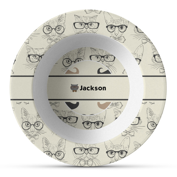 Custom Hipster Cats & Mustache Plastic Bowl - Microwave Safe - Composite Polymer (Personalized)