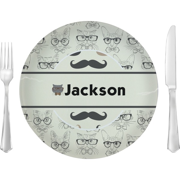 Custom Hipster Cats & Mustache Glass Lunch / Dinner Plate 10" (Personalized)