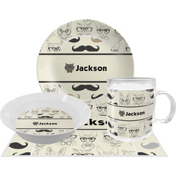 Hipster Cats & Mustache Dinner Set - Single 4 Pc Setting w/ Name or Text