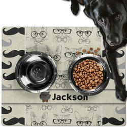 Hipster Cats & Mustache Dog Food Mat - Large w/ Name or Text
