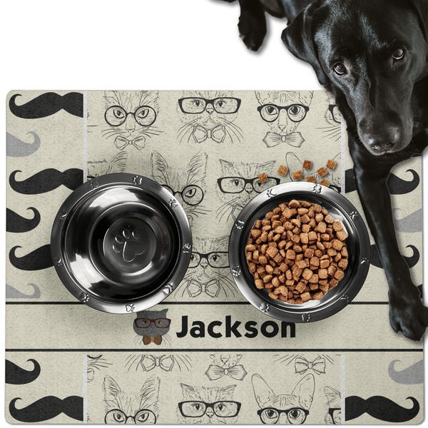 Custom Hipster Cats & Mustache Dog Food Mat - Large w/ Name or Text
