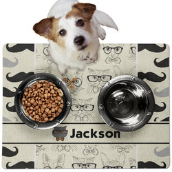 Hipster Cats & Mustache Dog Food Mat - Medium w/ Name or Text