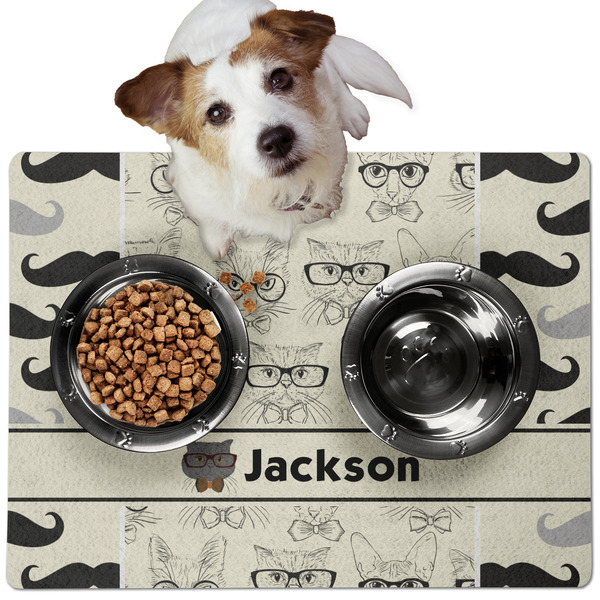 Custom Hipster Cats & Mustache Dog Food Mat - Medium w/ Name or Text