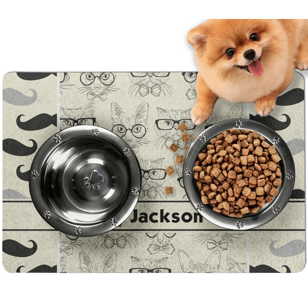 Custom Hipster Cats & Mustache Dog Food Mat - Small w/ Name or Text