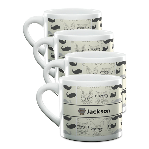 Custom Hipster Cats & Mustache Double Shot Espresso Cups - Set of 4 (Personalized)