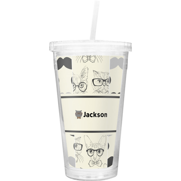 Custom Hipster Cats & Mustache Double Wall Tumbler with Straw (Personalized)