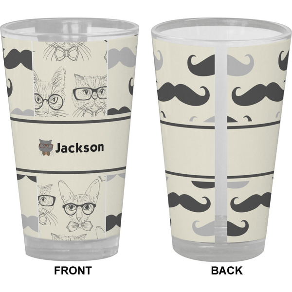 Hipster Cats & Mustache Pint Glass - Full Color - Front & Back Views