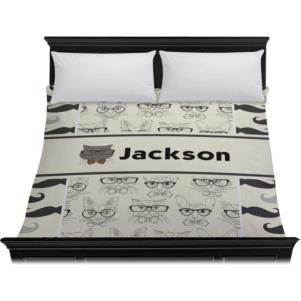 Hipster Cats & Mustache Duvet Cover - King - On Bed - No Prop