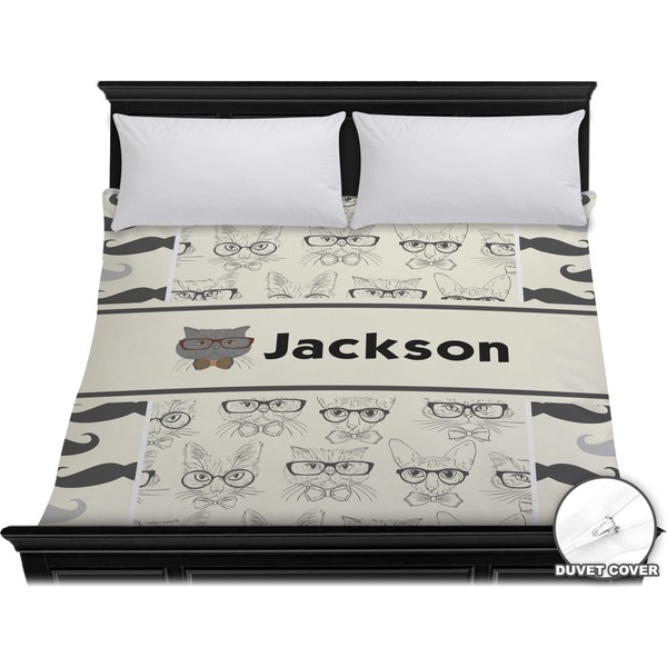 Custom Hipster Cats & Mustache Duvet Cover - King (Personalized)