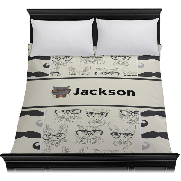 Hipster Cats & Mustache Duvet Cover - Queen - On Bed - No Prop