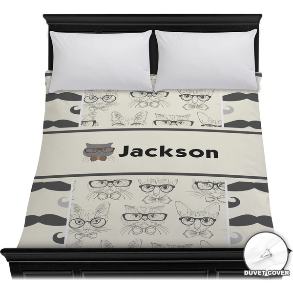 Custom Hipster Cats & Mustache Duvet Cover - Full / Queen (Personalized)