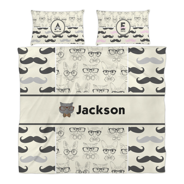 Hipster Cats & Mustache Duvet Cover Set - King - Alt Approval