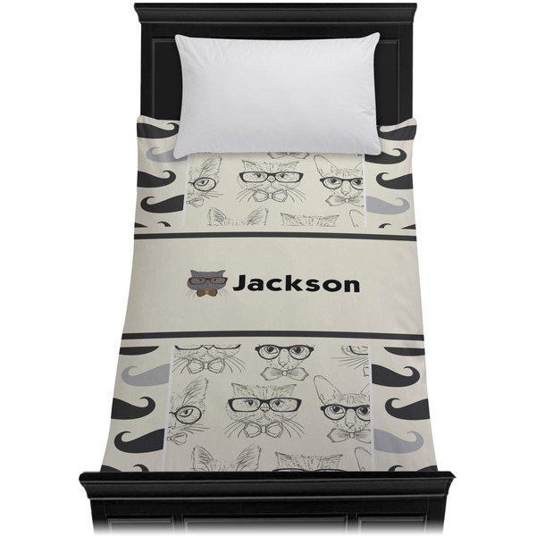 Hipster Cats & Mustache Duvet Cover - Twin - On Bed - No Prop